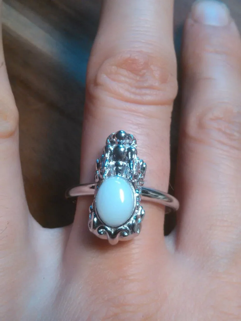 Natural White Jade Sterling Silver Dragon Ring (Size 10)